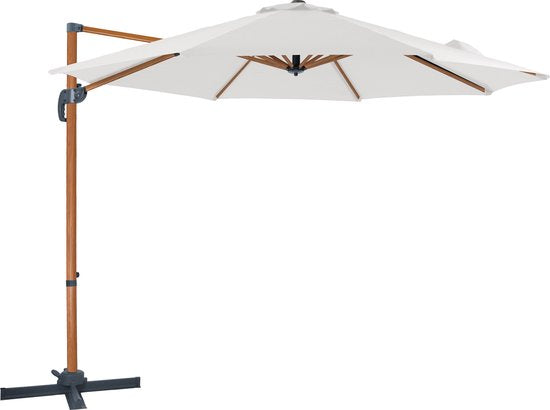 Parasol suspendu AXI Marisol Ø 300 cm, aspect bois/beige, housse incluse – Armature en aluminium thermolaqué avec pied en croix – Rotation à 360° – Inclinable – Toile anti-UV
