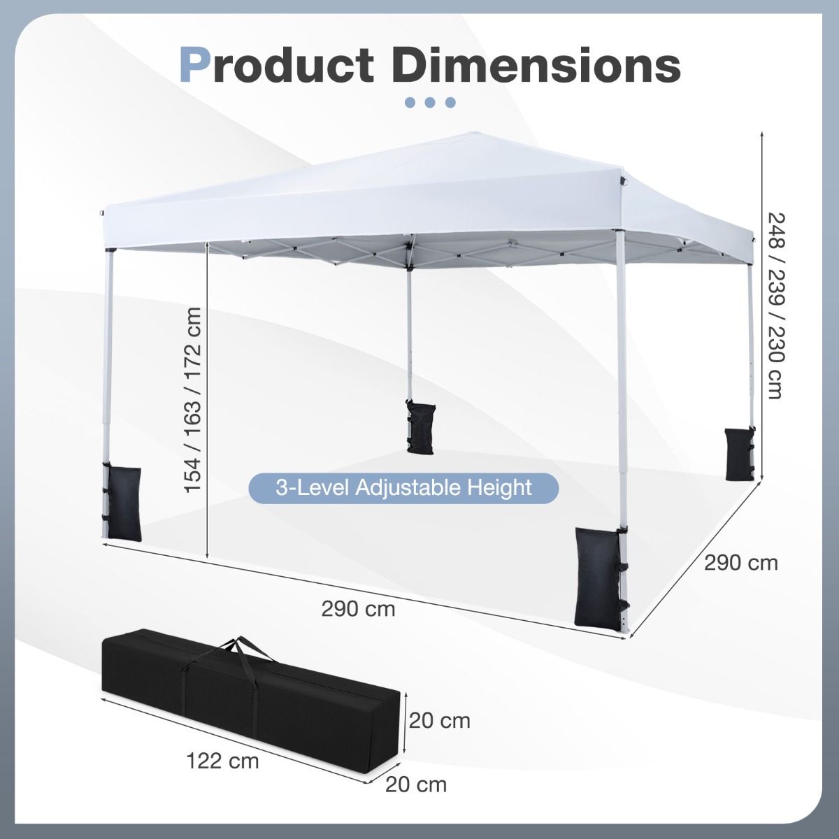 Pavillon de jardin éphémère Coast - hauteur réglable - tente de réception pliable - blanc 290 x 290 cm