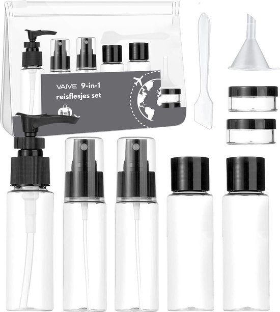 VAIVE Travel Bottles Hand Luggage 9-Piece - Accessoires de voyage - Bouteilles de voyage - Pots cosmétiques - Bouteilles de voyage - Emballage de voyage - Set de voyage