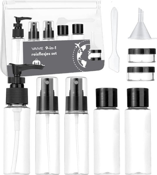 VAIVE Travel Bottles Hand Luggage 9-Piece - Accessoires de voyage - Bouteilles de voyage - Pots cosmétiques - Bouteilles de voyage - Emballage de voyage - Set de voyage