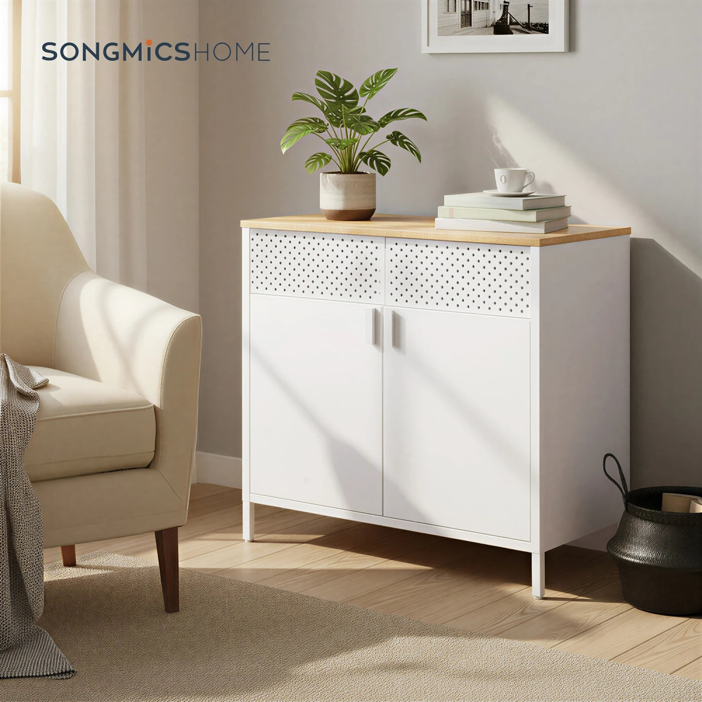 Armoire de rangement en métal Ochama 80 x 40 x 76 cm - Double porte - Étagère réglable - Blanc mat et jaune chameau