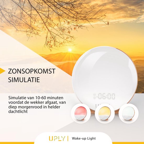 UPLY Wake Up Light - Avec point de chargement USB - Réveil lumineux - Réveil radio - 2 heures d'alarme - 7 couleurs