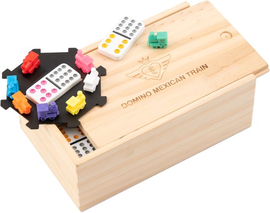 Domino Double 12 Mexican Train – 91 tuiles aux yeux colorés – Coffret en bois avec couvercle coulissant – Gare et trains inclus – Jeu de stratégie familial – Engelhart