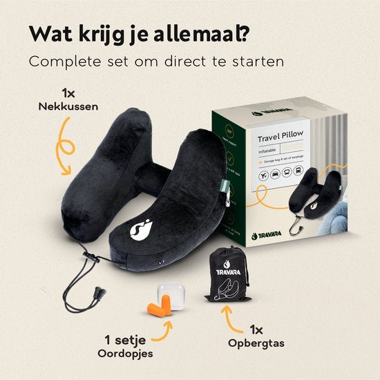 TRAVARA Oreiller gonflable pour la nuque - The Airsnoozer - Oreiller de voyage - Pour l'avion et la voiture - Avec bouchons d'oreilles - Oreiller pour la nuque - Noir