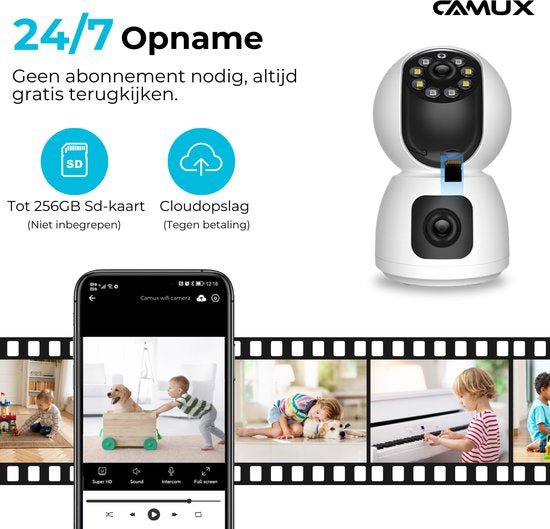 Caméra de sécurité - Camux - Double objectif - Communication audio - Vision nocturne - Blanc