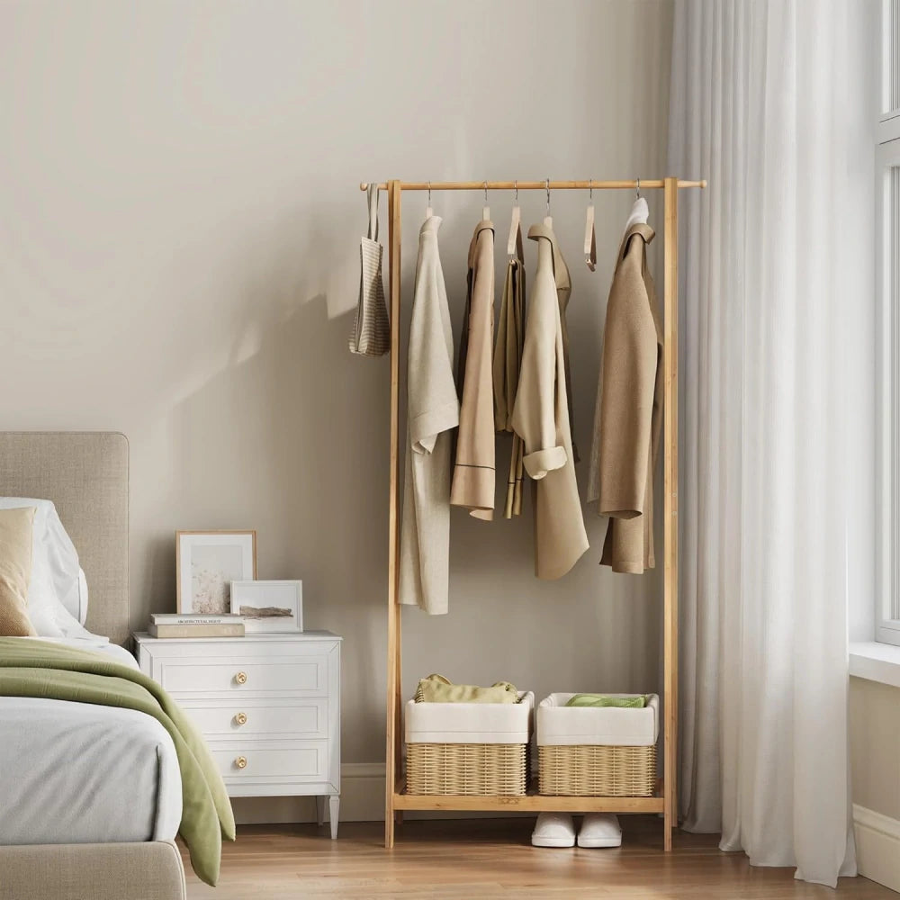 Porte-vêtements eSituro 82 x 42 x 154,5 cm - Bambou - Étagère à chaussures - Naturel