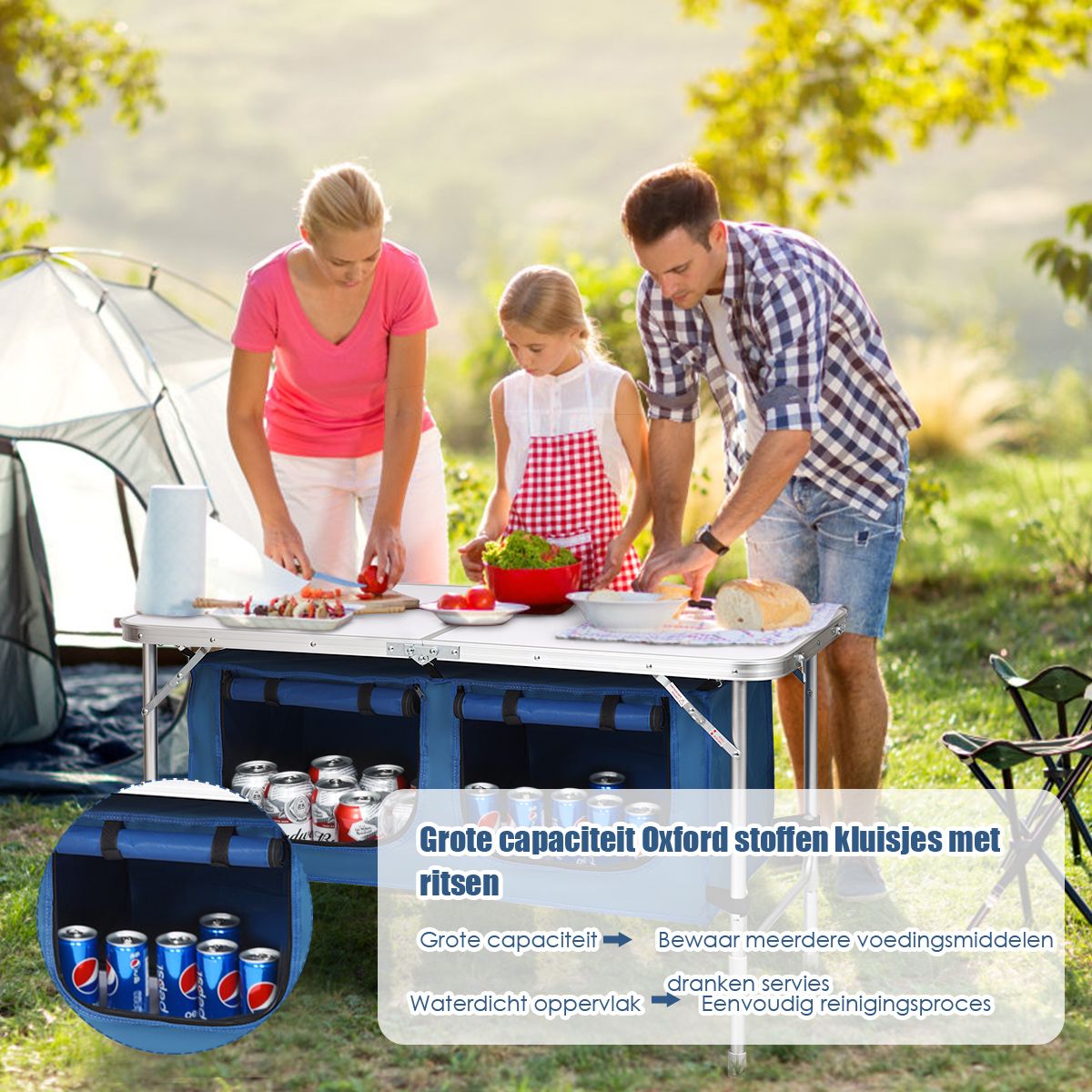 Table de camping Coast avec espace de rangement - hauteur réglable - pliable - bleu foncé 120 x 60 cm
