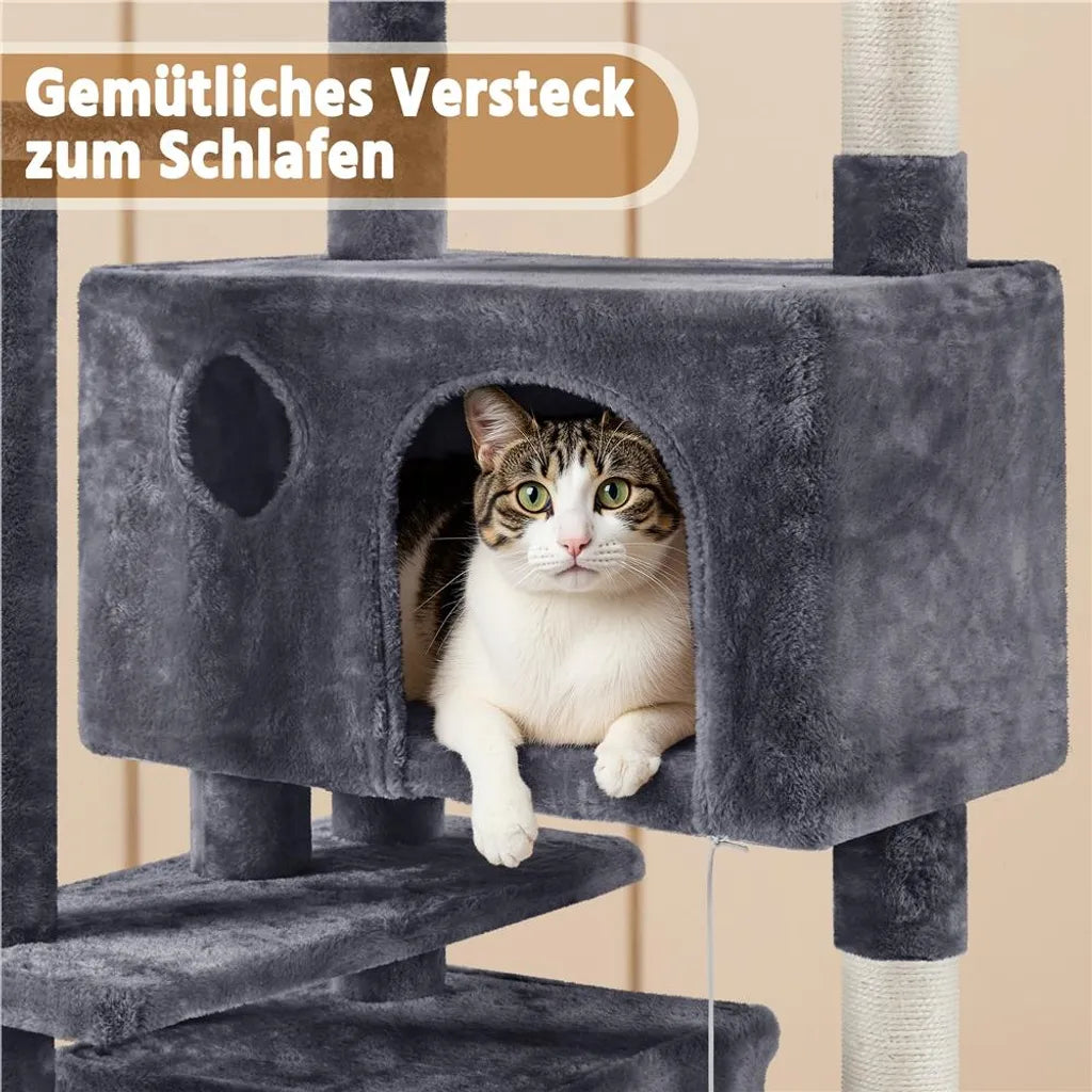 Yaheetech Scratch Post Dark Grey - 158 cm de haut - avec 3 plateformes d'observation et 2 maisons pour chats