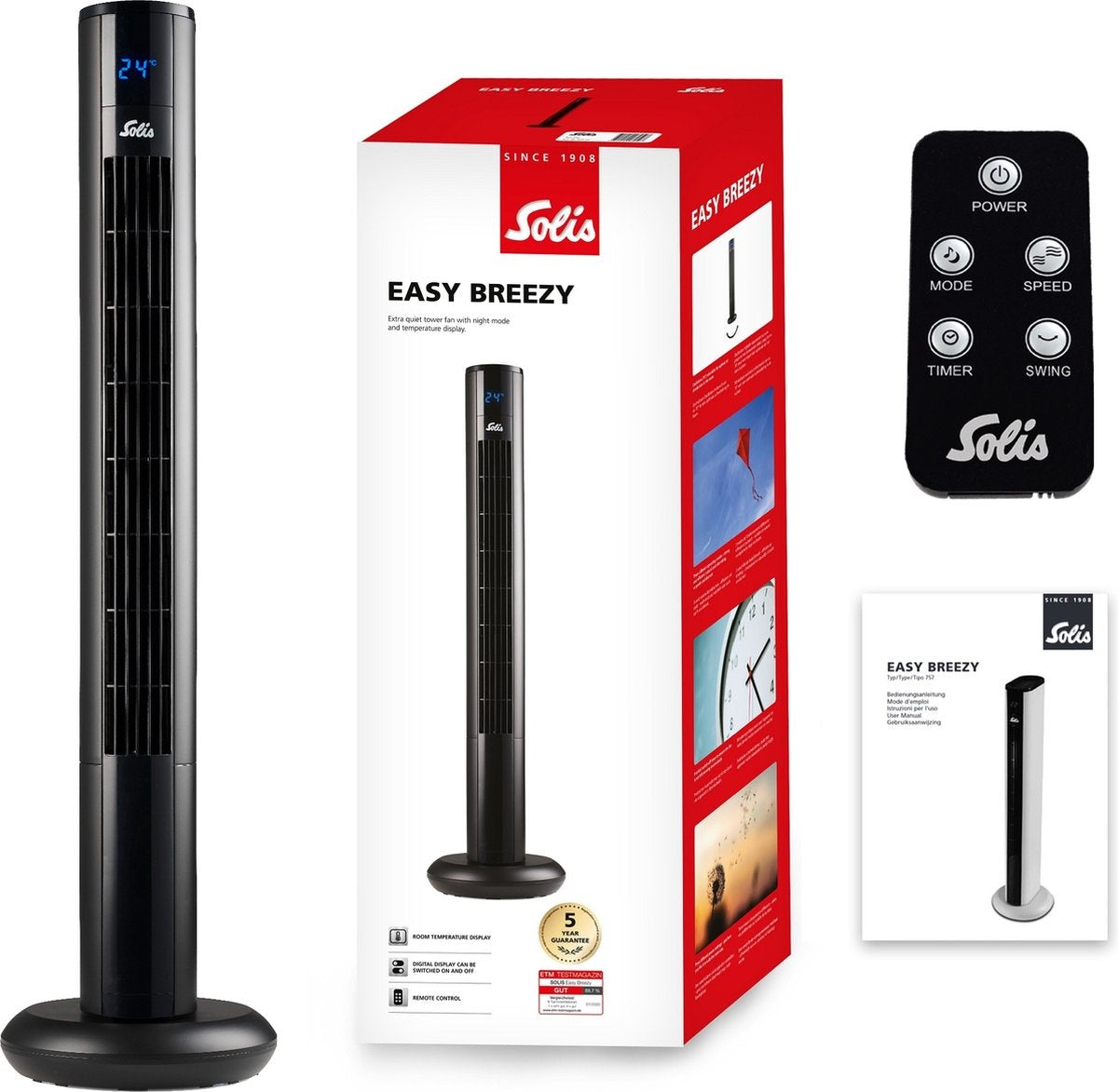 Ventilateur Solis Easy Breezy 757 - Ventilateur sur pied télécommandé - Fonction minuterie - 44.8 dB - 91 cm de haut - Noir