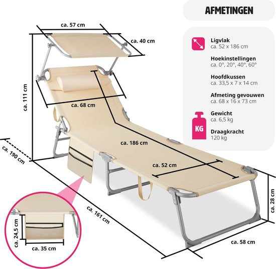 tectake® - bain de soleil bain de soleil - 4 positions, pliable - beige - 68 x 190 x 28 cm, avec poche latérale