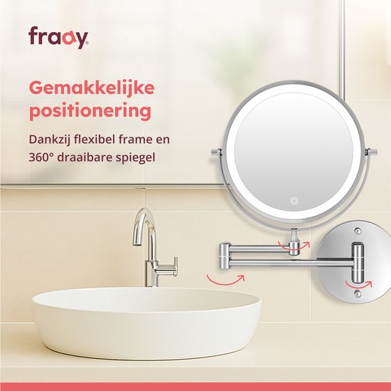 Fraay® Miroir de maquillage avec éclairage LED - grossissement 10x - Miroir grossissant avec lumière - rechargeable - Miroir de rasage - Miroir de salle de bain - Chrome