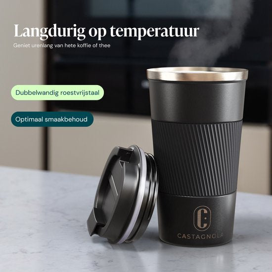 Mug isotherme Castagnola - Mug à café à emporter - Mug de voyage pour café et thé - Mug à thé - 510 ml - Acier inoxydable - Noir