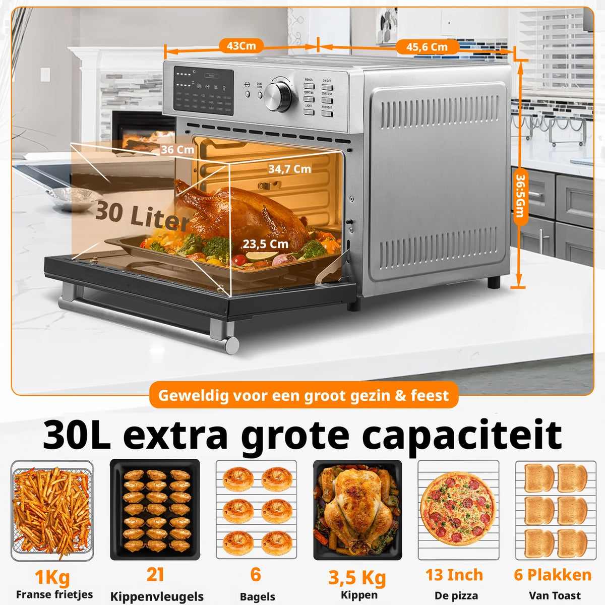 Four à convection Oimis 30 litres - 21 programmes avec broche et fonction de séchage - 1 800 W - 45,6 x 43 x 36,5 cm - Acier inoxydable argenté