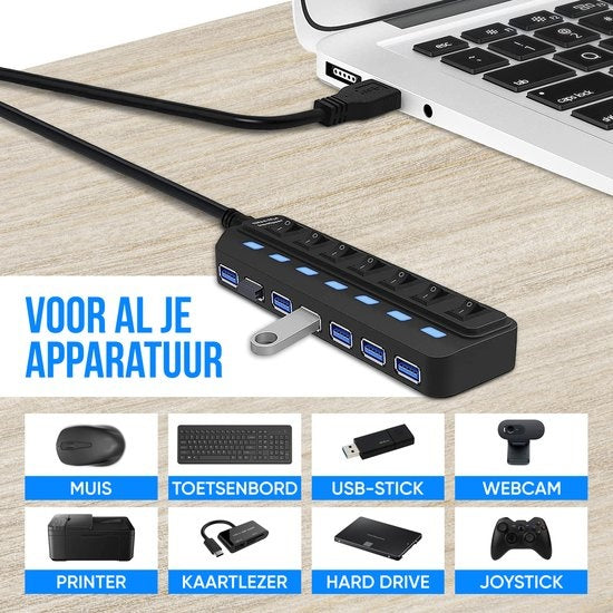 Strex USB 3.0 Hub - Répartiteur USB - 7 ports - 5Gbps - Indication LED - Interrupteur marche/arrêt - Câble 100CM