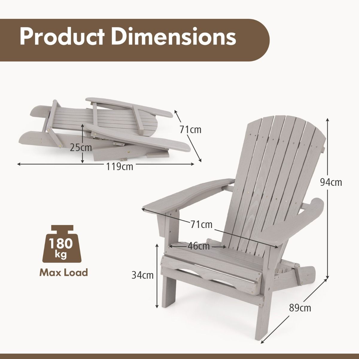 Chaises Adirondack pliantes Coast - lot de 2 - ergonomiques et robustes - grises
