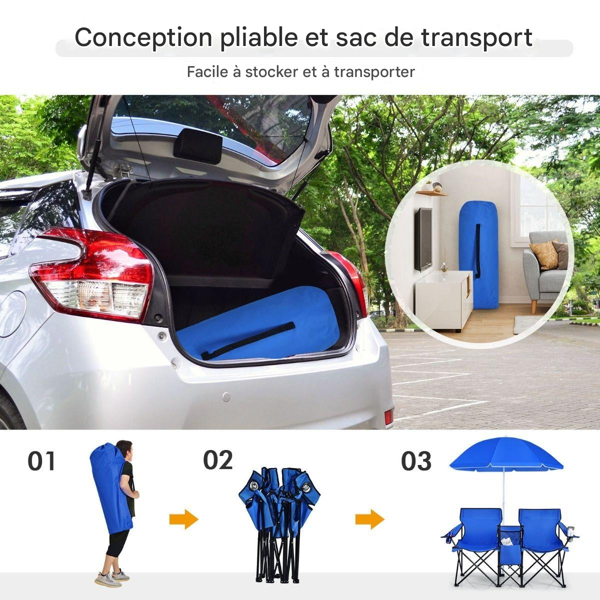Chaise de camping double pliable Coast, avec parasol, porte-gobelet et sac isotherme, bleu