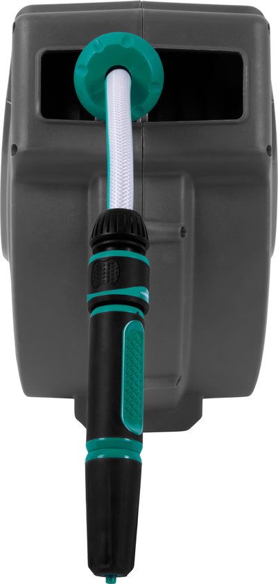 Enrouleur de tuyau automatique - VONROC – Incl. Tuyau d'arrosage de 15 m, tuyau de raccordement, buse, raccords et raccord de robinet - noir vert