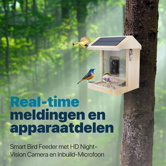 BOME - Mangeoire à oiseaux - Caméra et audio - Reconnaissance des oiseaux - Bois - Double panneau solaire - Suspension