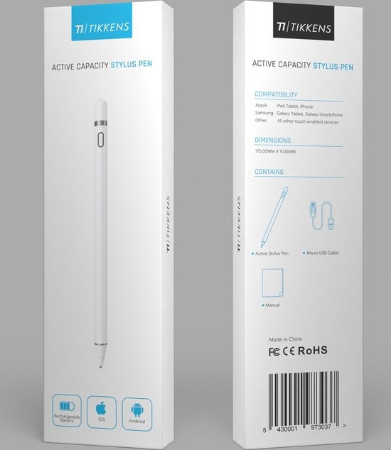 Tikkens Stylet - Crayon actif 2 en 1 pour tablette, Ipad, téléphones Android et Apple - Blanc