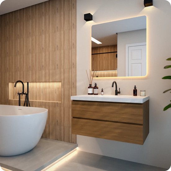 Miroir de salle de bains Mirlux avec éclairage LED et chauffage – Miroir mural carré – Miroir de douche anti-buée – Sans cadre – 80 x 80 cm