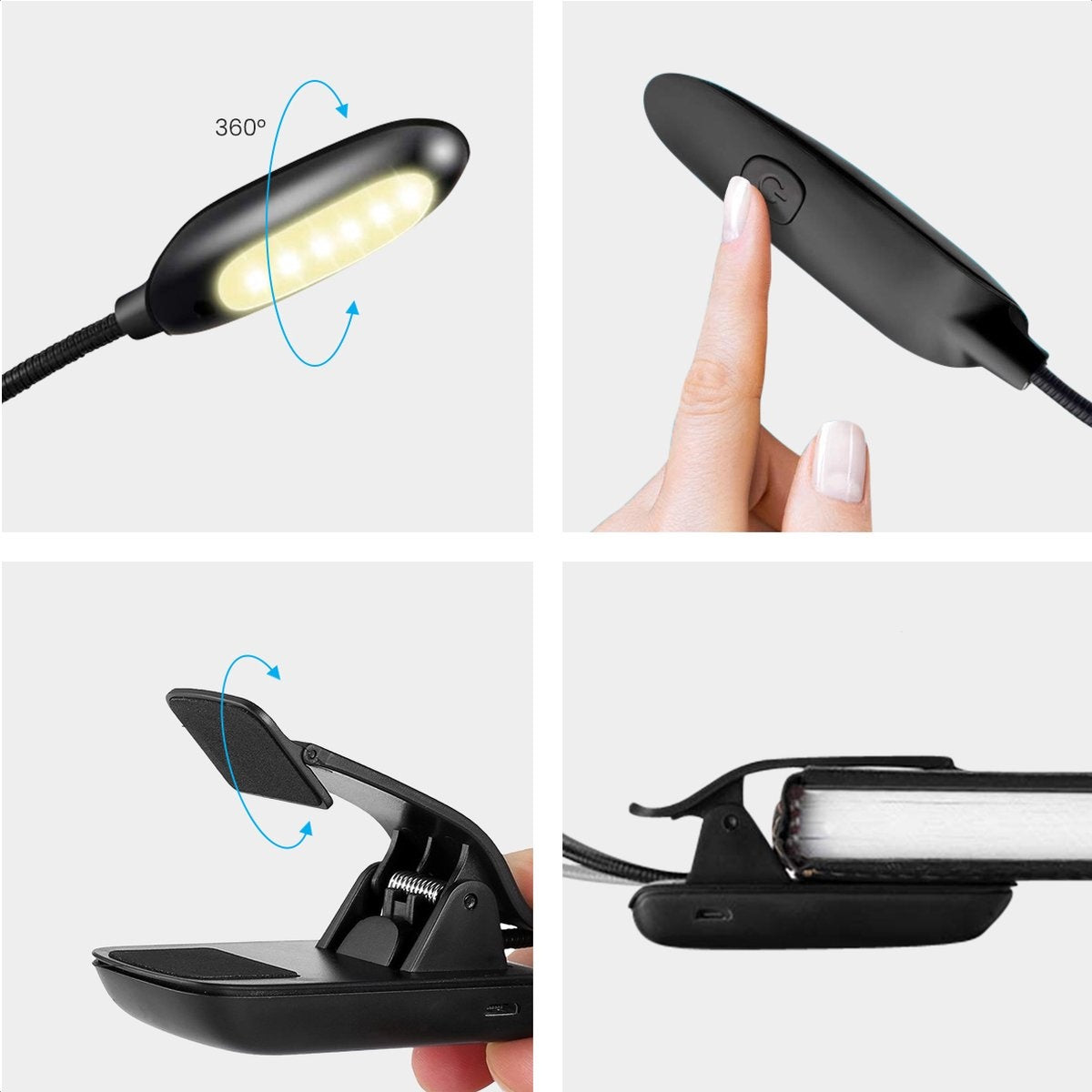 Auronic Liseuse de livre - Liseuse rechargeable par USB avec pince - Sans fil - Dimmable - Ajustable - Flexible - Noir
