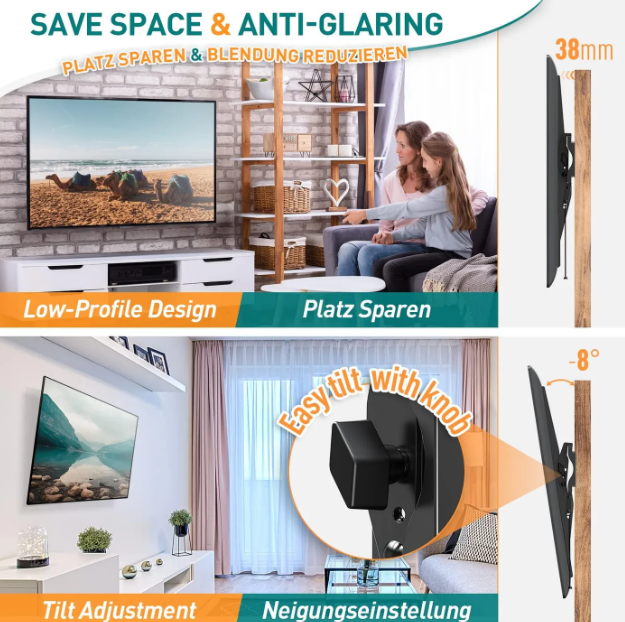 Support mural pour téléviseur ELIVED Ultra Slim 26 à 60 pouces - Inclinable - Jusqu'à 45 kg