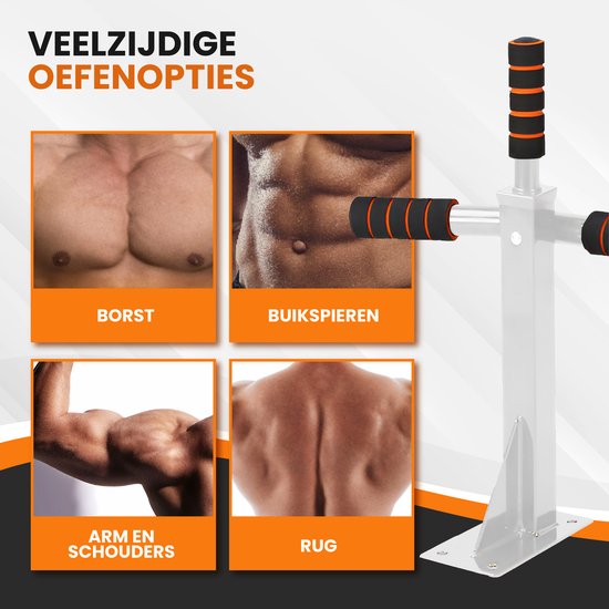 TTD® Premium Pull Up Bar - Pull Up Station - Wall Mount Pull Up Bar - Dip Station - Dip Bars - Home Sports - Home Fitness - Premium materials - Extra sturdy mounting parts - Home workout - White/Orange