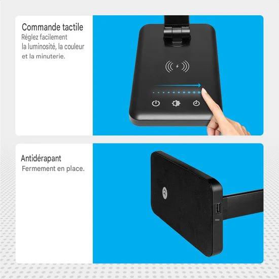 Lampe de bureau Auronic - LED - Chargement mobile USB et sans fil - Minuteur - Lampe à pince dimmable - Lumière blanche et chaude - Noir