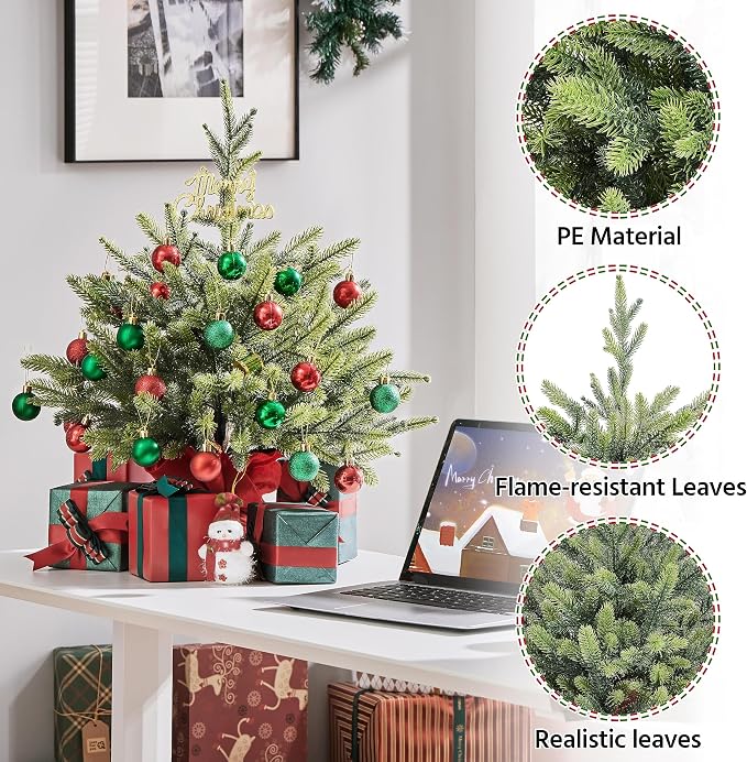Mini sapin de Noël artificiel Yaheetech 61 cm - Vert - Sapin de Noël de table avec socle en ciment et 62 branches en PE