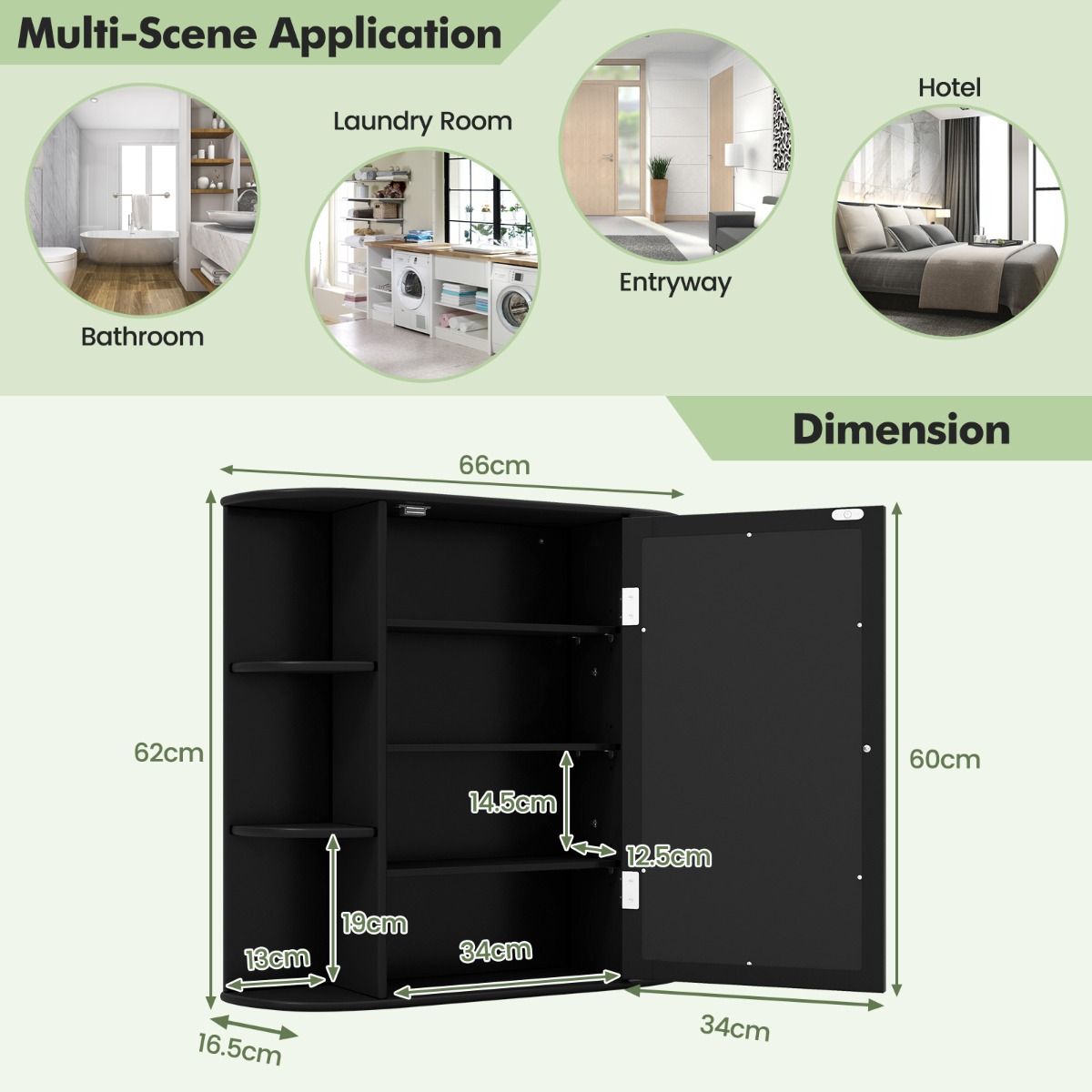coast Mirror Cabinet Salle de Bain - 66×17×62 cm - Noir - Armoire murale avec porte miroir et étagères ouvertes