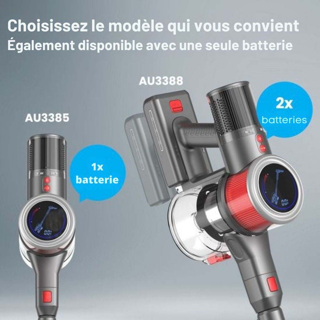 Aspirateur sans fil Auronic - Moteur puissant de 350 W - Batterie supplémentaire - Jusqu'à 45 minutes d'utilisation - Léger et maniable - Rouge/Gris