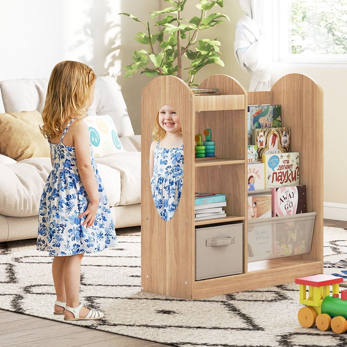 Bibliothèque pour enfants Coast avec miroir en pied - Étagère à 4 niveaux, tiroir en tissu et crochets - Couleur naturelle - 87,5 x 30 x 90 cm