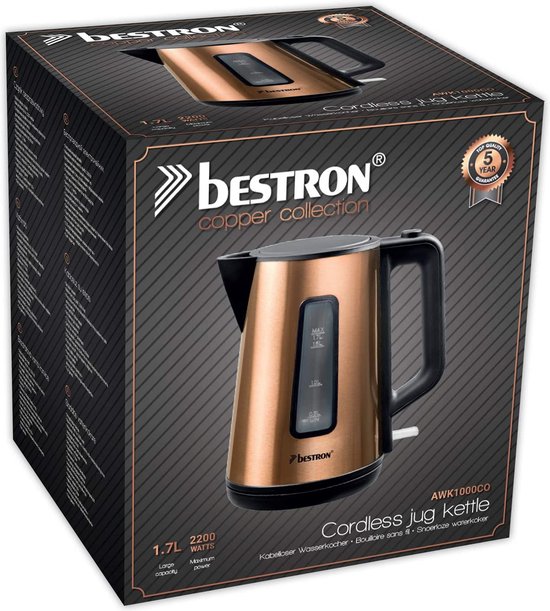 Bouilloire électrique Bestron AWK1000CO - 2 200 W - 1,7 L - Arrêt automatique - Cuivre - Garantie 5 ans