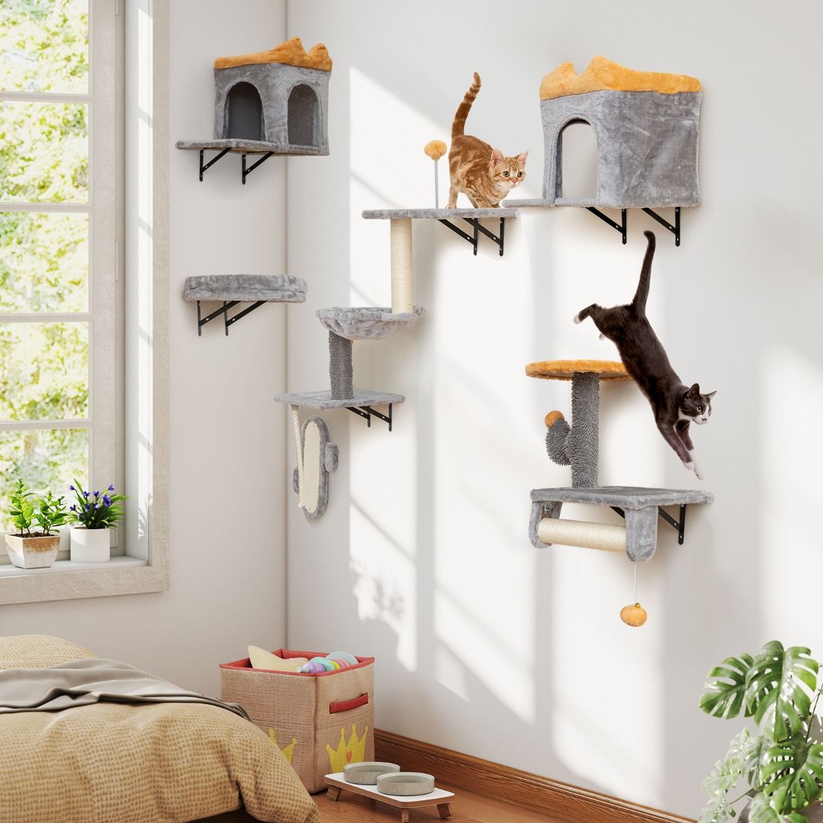 Ensemble de tours pour chats à fixer au mur Coast - Peu encombrant - Plateforme à 2 niveaux - Gris