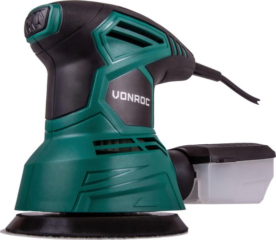 VONROC Ponceuse à orbite aléatoire - 300W - Ø125mm - Avec boîte de collecte des poussières et 12 morceaux de papier de verre