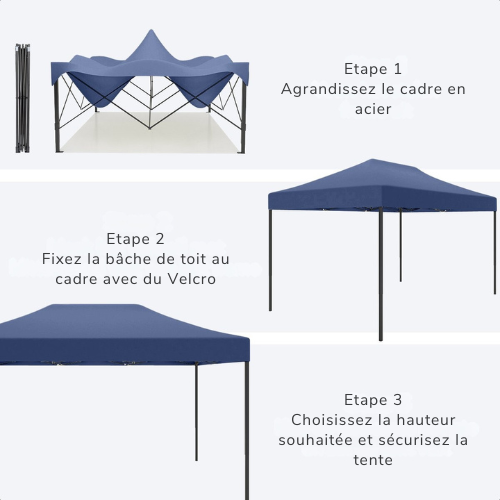 Tente de réception, LifeGoods, 3x4.5 m, Facile à monter, Pliable, Imperméable - Sac de transport à roulettes - Bleu foncé