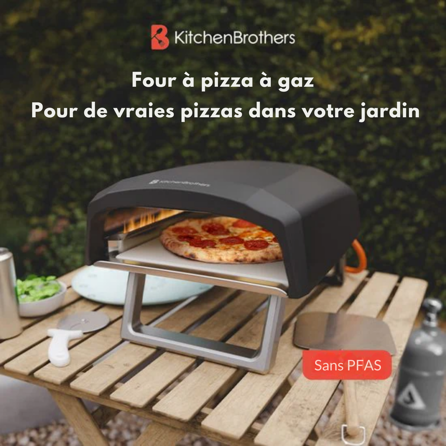Four à Pizza - KitchenBrothers - Gaz - Pliable - Pierre à Pizza - Double Brûleur - Four pour l'extérieur - Noir/Gris