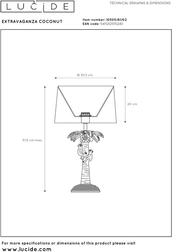 Lucide EXTRAVAGANZA COCO - Lampe de table - Ø 30,5 cm - 1xE27 - Or mat / Laiton