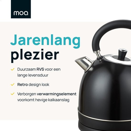 MOA Bouilloire Retro - 2200 watts - 1,8 litres - acier inoxydable - sans BPA - électrique - noir - EK3TB