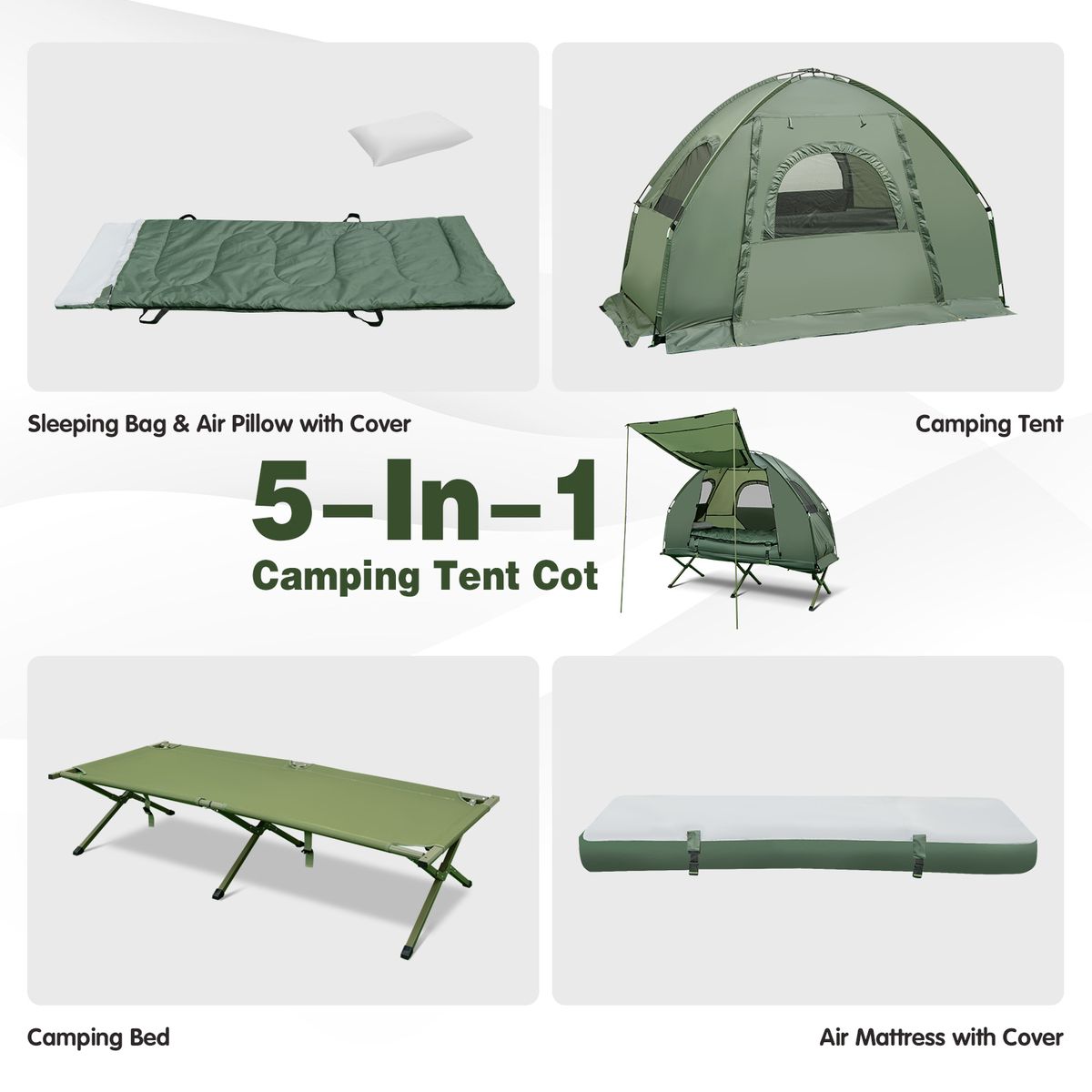 Lit de camp Coast avec tente - Kit de camping 5 en 1 - Matelas gonflable, sac de couchage et oreiller - Vert - 194 x 87 x 167 cm