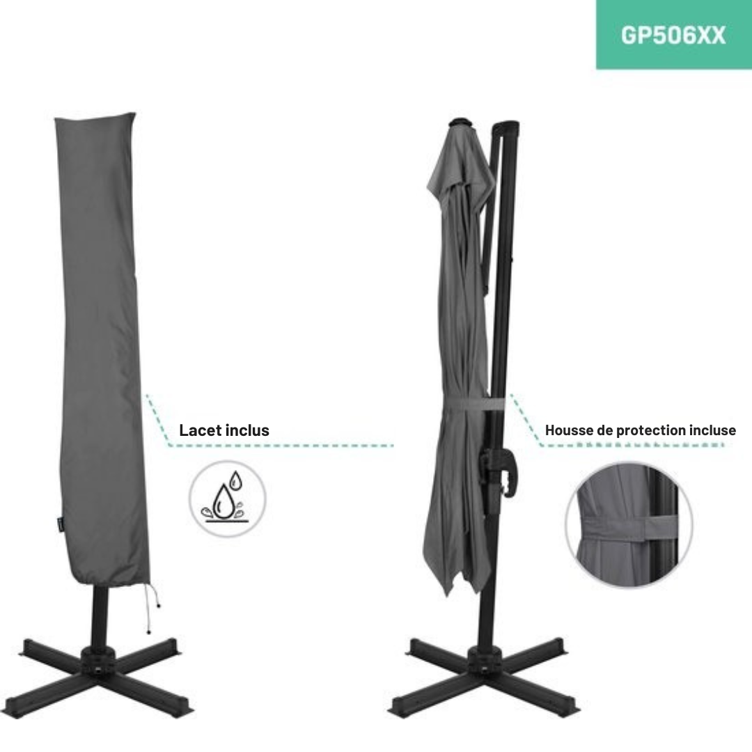 Parasol flottant Premium VONROC -  Pisogne 300x300cm - Base transversale et housse de protection incluses - Parasol carré - Rotation 360° - Inclinaison - Toile résistante aux UV - Gris