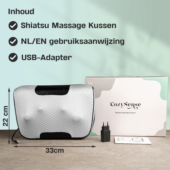 CozySense® Coussin de massage Shiatsu - Appareil de massage électrique et sans fil pour le cou et le dos - Fonction de chaleur - Rechargeable - Ergonomique - Blanc