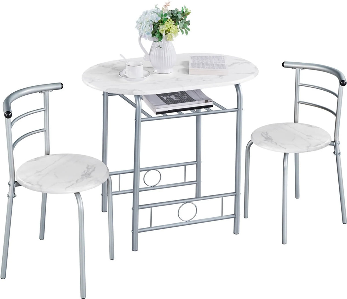 Ensemble de salle à manger 3 pièces avec table et 2 chaises, aspect bois (MDF) et structure métallique blanche, 80 × 53 × 73,5 cm