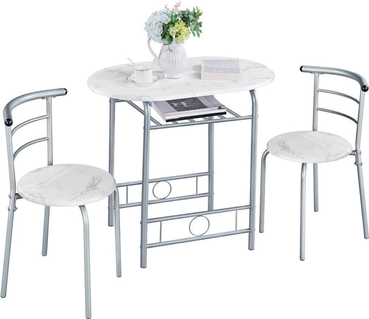Ensemble de salle à manger 3 pièces avec table et 2 chaises, aspect bois (MDF) et structure métallique blanche, 80 × 53 × 73,5 cm