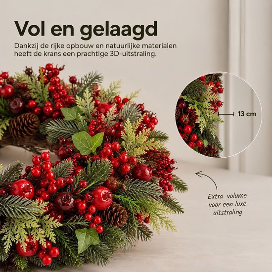 Mica Decorations Norah : couronne de Noël avec des pommes de pin - Décoration de Noël au style traditionnel - Couronne de porte pour le hall d'entrée ou la porte d'entrée - H 13 x Ø 50 cm - Rouge et vert