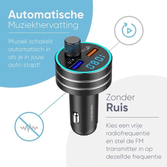 Trendfield Transmetteur FM Bluetooth 5.0 - Carkit USB 3.0 Chargement rapide - Accessoires voiture - Ecoutez de la musique sans fil via Spotify ou Youtube