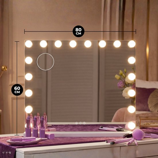 Miroir Bayt Hollywood - Miroir de maquillage - Miroir - Miroir Hollywood 80 x 60 - Intensité réglable - Grossissement 10x - Avec éclairage et Bluetooth - Port USB - 80 x 60 - Blanc