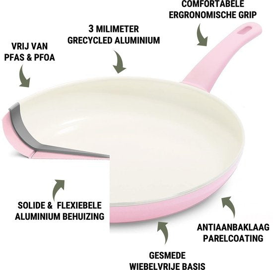 COOCK Poêle Wok Induction 32cm - Revêtement spécial antiadhésif - Poêle à frire avec couvercle - Aluminium recyclé - Rose clair/blanc - Livre électronique inclus