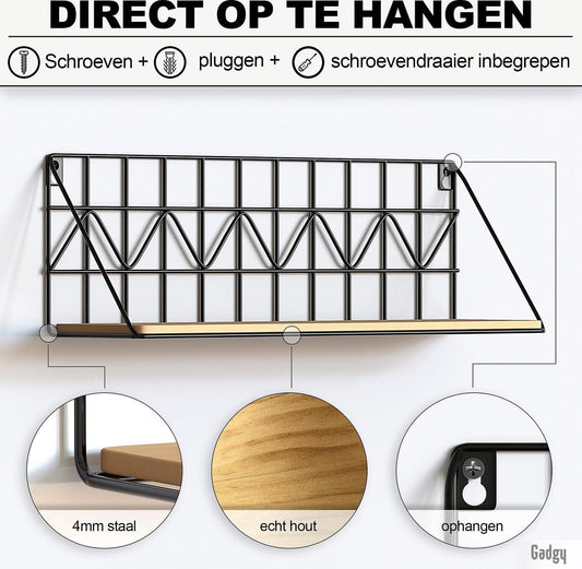 Gadgy Wandrekken Industrieel - Set van 2 - Wandrek Zwart met Hout - Wanddecoratie Woonkamer - Muurdecoratie Metaal - Wandplank zwevend voor Slaapkamer - Boekenrek – 45 cm