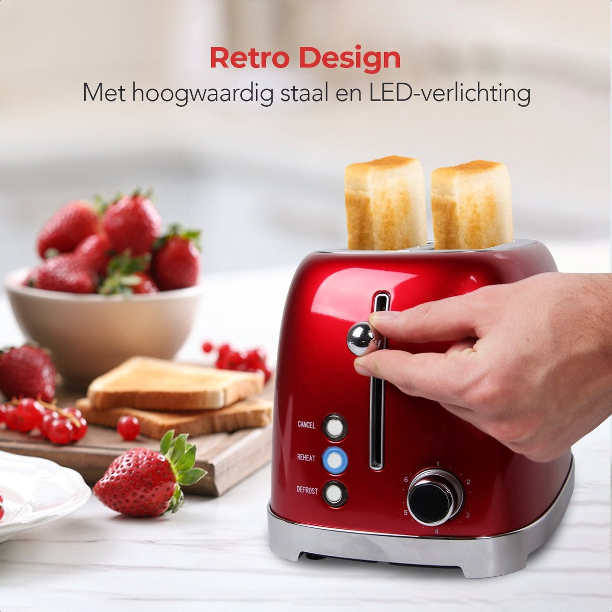 KitchenBrothers Grille-pain rétro - 6 niveaux de chaleur - 2 fentes extra-larges - 1630W - Fonction de réchauffage et de décongélation - Rouge